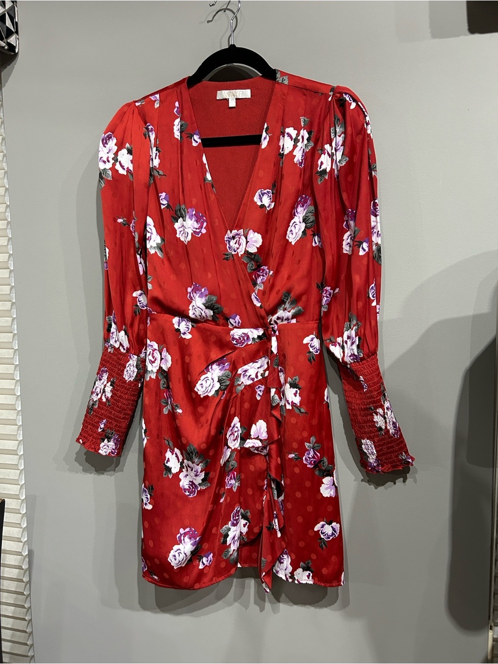 Wayf Red Floral Wrap Dress with Long Smocked Sleeves